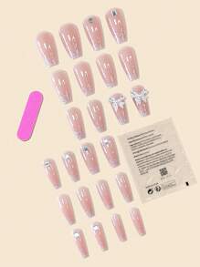 用24入組長棺材3D閃光萊茵石蝴蝶結裝飾假指甲和1入組指甲銼和1張膠帶升級您造型 - 銀色 - 查看 5