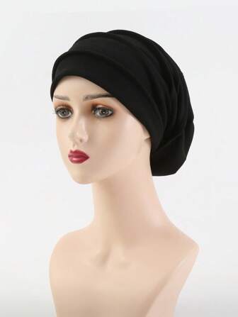1pc Women's Black Elastic Headscarf Hat, Double Layered Spandex Cap, Satin Sleep Cap, Hair Care Cap, Outdoor Leisure Hat
