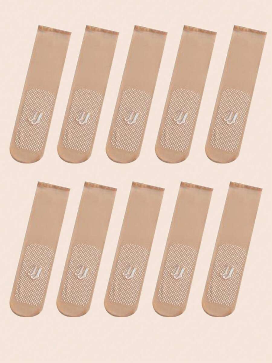 10對女性素色防滑休閒中筒襪適用於日常 - 杏色 - 查看 1