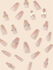 24入組長形棺材形3D蝴蝶結鑲嵌水鑽裝飾假法式指甲，附1塊指甲文件和1張膠帶 - 米色 - 查看 3