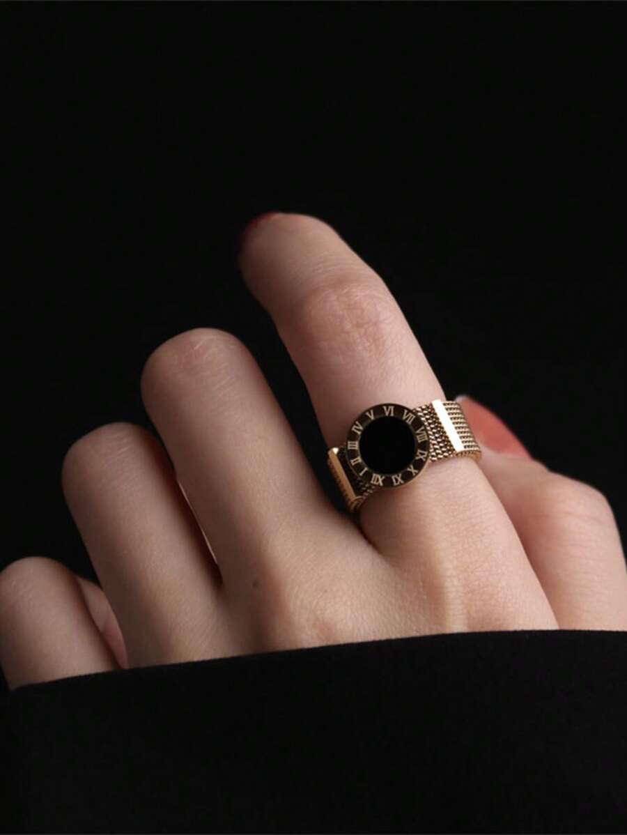 1入組時尚不銹鋼羅馬數字錶盤裝飾單戒指適合女士日常裝飾 - 金黃色 - 查看 1