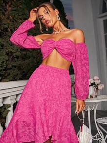 Glamaker Off Shoulder Lantern Sleeve Crop Top & Split Thigh Skirt