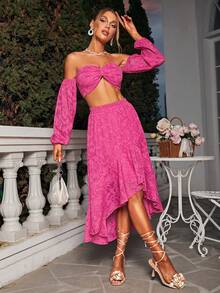 Glamaker Off Shoulder Lantern Sleeve Crop Top & Split Thigh Skirt
