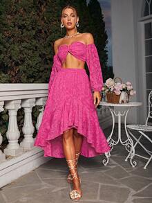 Glamaker Off Shoulder Lantern Sleeve Crop Top & Split Thigh Skirt