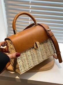 Mini Straw Bag Metal Decor Adjustable Strap Vacation - White - View 1
