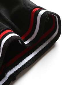 Áo thun có cổ Nam Tương phản ren Nút phía trước Khối Màu Sọc Giải trí - màu đen - Xem 3