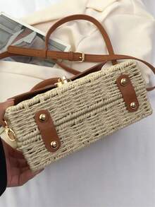 Mini Straw Bag Metal Decor Adjustable Strap Vacation - White - View 9