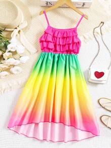 SHEIN 可愛漸層女童連衣裙揉皺 前短後長 多層分層 - 彩色 - 查看 1