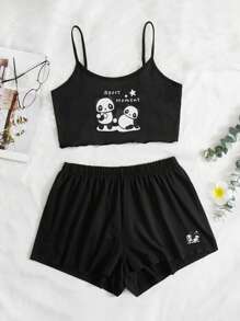 卡通圖案吊帶背心和短褲休閒套裝