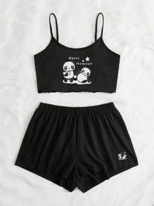 卡通圖案吊帶背心和短褲休閒套裝