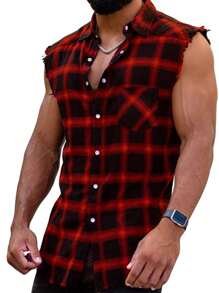 Men Plaid Print Sleeveless Shirt - Multicolor - View 1