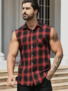 Men Plaid Print Sleeveless Shirt - Multicolor - View 3