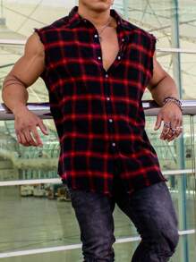 Men Plaid Print Sleeveless Shirt - Multicolor - View 4