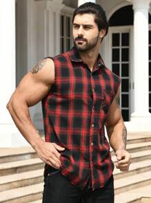 Men Plaid Print Sleeveless Shirt - Multicolor - View 5