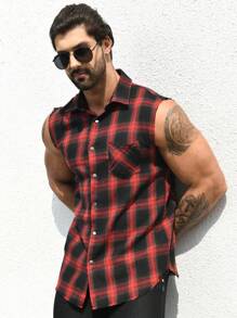 Men Plaid Print Sleeveless Shirt - Multicolor - View 6