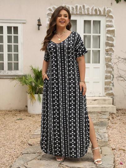 Nemidor 大碼幾何印花高衩連衣裙