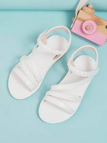 女孩編織細節魔術貼踝帶平底涼鞋適合夏天 - 白色 - 查看 3