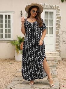 Nemidor 大码波西米亚风全印花 V 领短袖开衩下摆休闲连衣裙，适合夏季 - 黑與白 - 查看 3