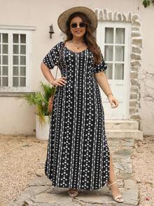 Nemidor 大码波西米亚风全印花 V 领短袖开衩下摆休闲连衣裙，适合夏季 - 黑與白 - 查看 5