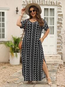 Nemidor 大码波西米亚风全印花 V 领短袖开衩下摆休闲连衣裙，适合夏季 - 黑與白 - 查看 6