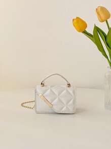 One Piece Girls Mini Quilted Diamond Pu Flip Solid Color Tote Crossbody Bag For Daily Use - Beige - View 1