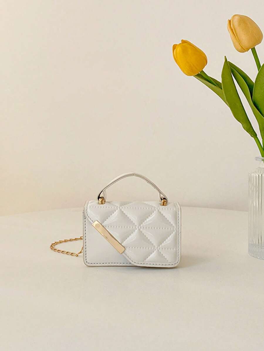 One Piece Girls Mini Quilted Diamond Pu Flip Solid Color Tote Crossbody Bag For Daily Use - Beige - View 1