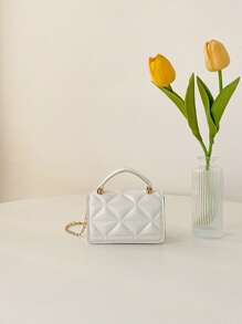 One Piece Girls Mini Quilted Diamond Pu Flip Solid Color Tote Crossbody Bag For Daily Use - Beige - View 3