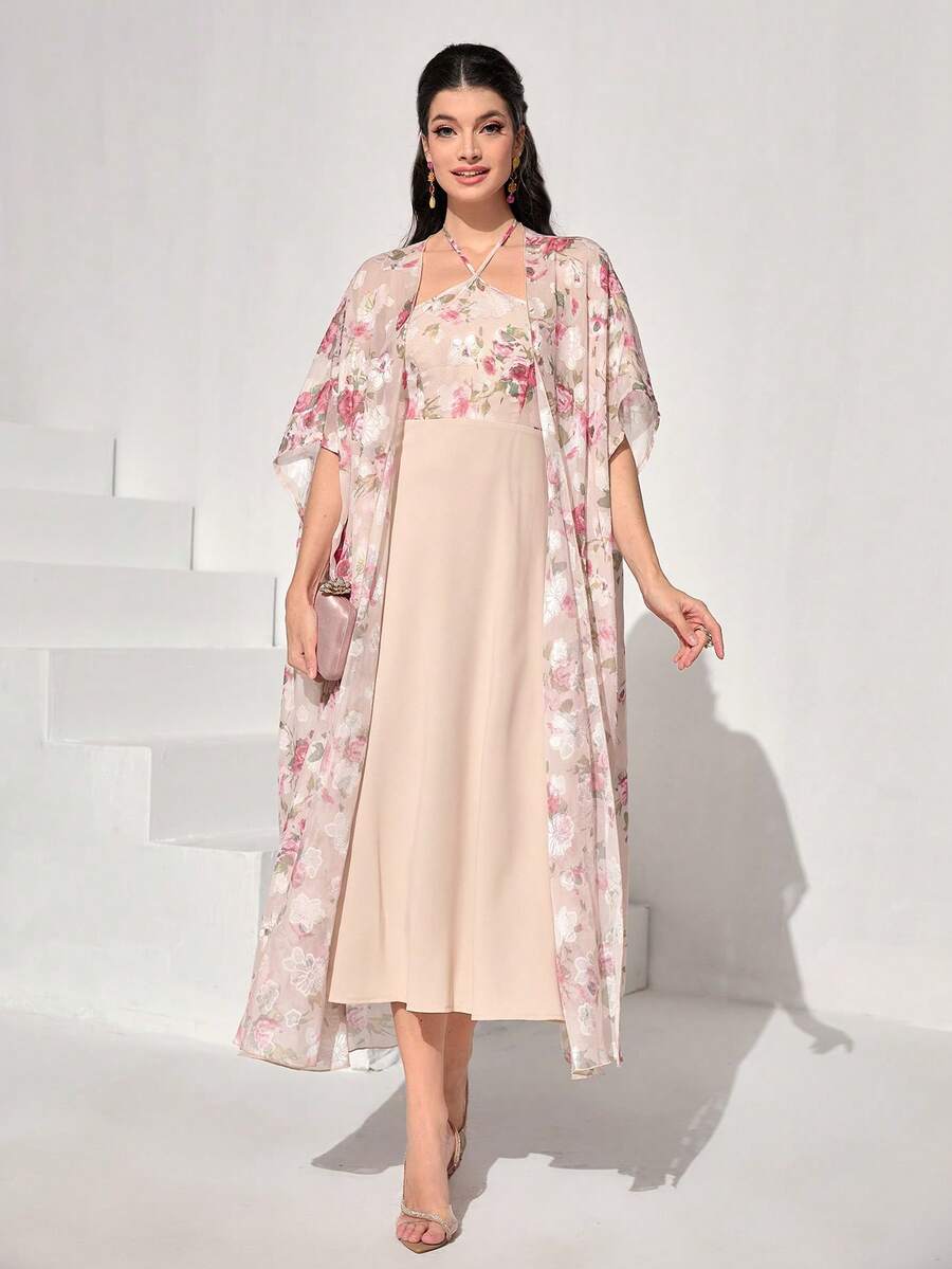 Modelyn Floral Print Halter Dress & Open Front Coat - Pink - View 1