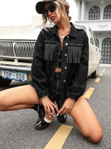 SHEIN Frenchy Fringe Trim Drop Shoulder Denim Jacket - Black - View 3