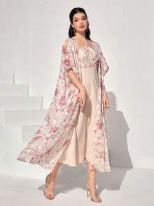 Modelyn Floral Print Halter Dress & Open Front Coat - Pink - View 3