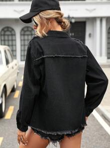 SHEIN Frenchy Fringe Trim Drop Shoulder Denim Jacket - Black - View 2