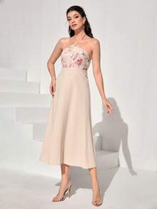 Modelyn Floral Print Halter Dress & Open Front Coat - Pink - View 4