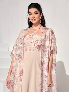 Modelyn Floral Print Halter Dress & Open Front Coat - Pink - View 5