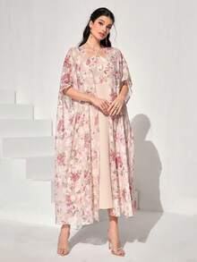 Modelyn Floral Print Halter Dress & Open Front Coat - Pink - View 6