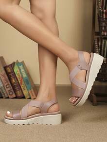 Elegant Ankle Strap Wedge Sandals For Women, Cross Strap Wedge Sandals - Pink - View 3