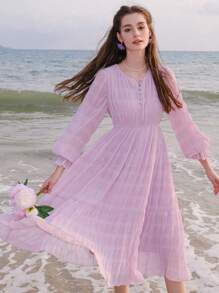 Solid Button Front Ruffle Hem Dress - Purple - View 2