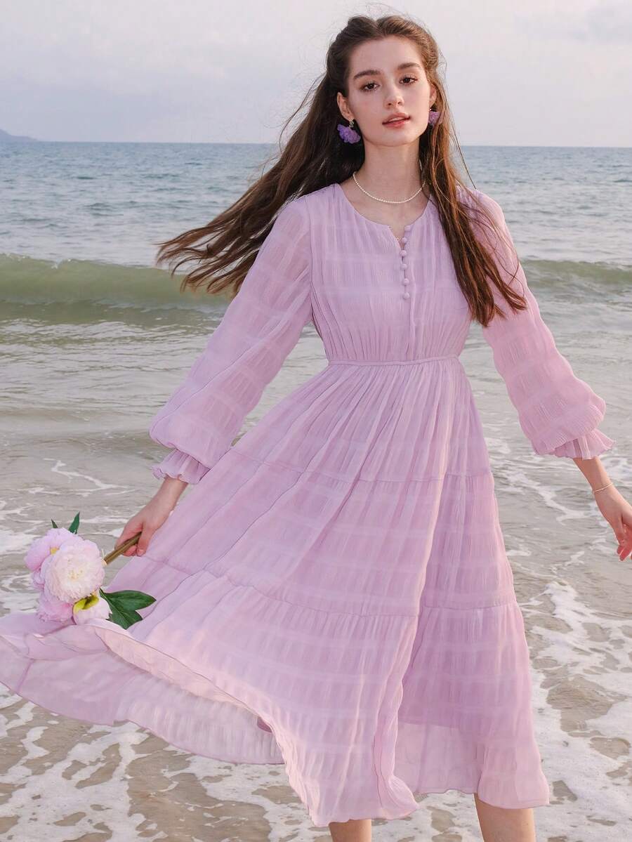 Solid Button Front Ruffle Hem Dress