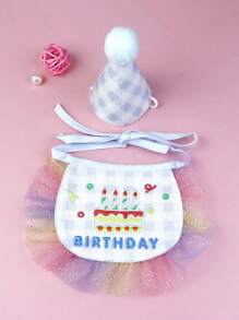 Plaid Lace Birthday Scarf + Hat Set, Pet Birthday Party Set, Suitable For Cats And Dogs, Birthday Celebration, Gift