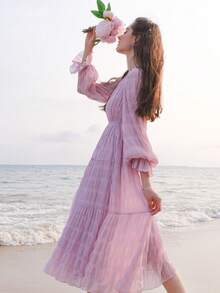 Solid Button Front Ruffle Hem Dress - Purple - View 6