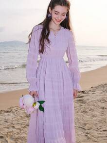 Solid Button Front Ruffle Hem Dress - Purple - View 7