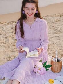 Solid Button Front Ruffle Hem Dress - Purple - View 8