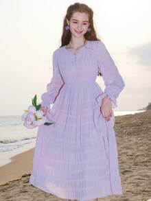 Solid Button Front Ruffle Hem Dress - Purple - View 9