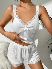 Lace Trim Bow Front Cami Top & Shorts PJ Set - White - View 3