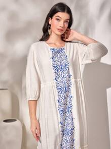 Al Najma Vestido smock con estampado de dibujo bajo con fruncido - Albaricoque - Ver 3