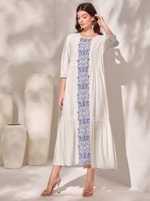 Al Najma Vestido smock con estampado de dibujo bajo con fruncido - Albaricoque - Ver 5