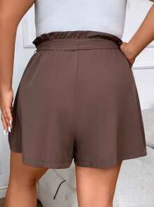 SHEIN LUNE Plus Paperbag Waist Belted Wide Leg Shorts - Brown - View 2