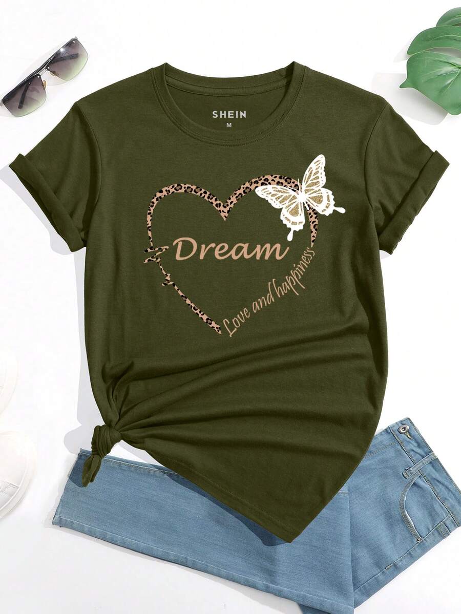 SHEIN LUNE Butterfly And Slogan Graphic Tee - Army Green - View 1