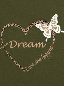 SHEIN LUNE Butterfly And Slogan Graphic Tee - Army Green - View 3