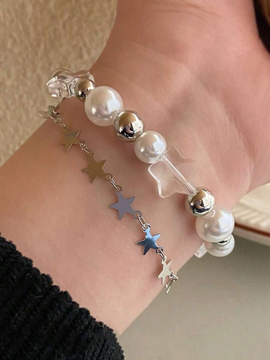 1入組Y2K甜美且酷炫的多色合金珠子、仿珍珠和星星裝飾手鍊，適用於女性日常穿著