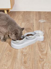 1pc Cat Ear Design Pet Double Bowl With Drinking Bottle For Dog And Cat For Drink More Water And Food Feeding - Light Grey - View 12